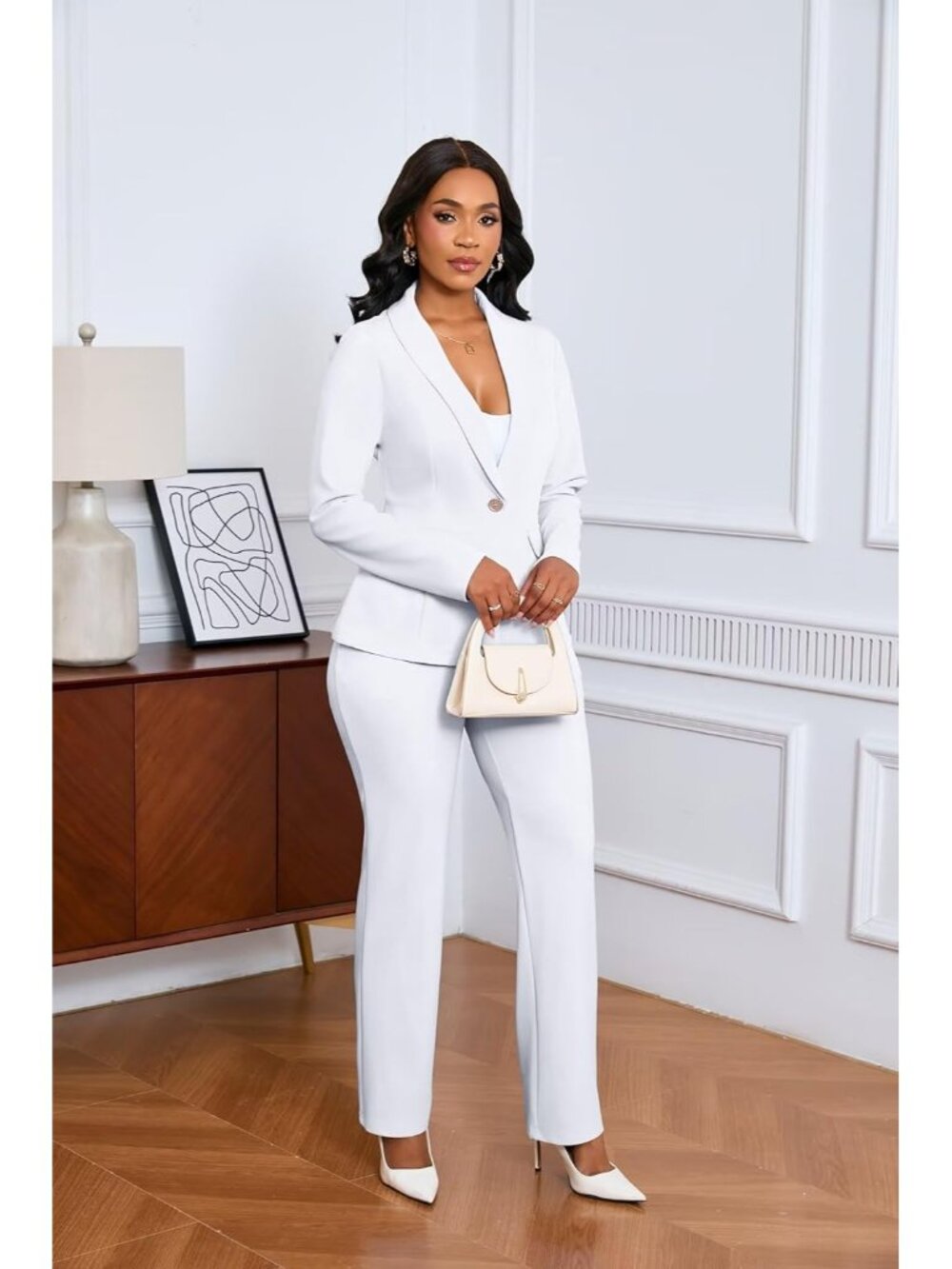 Women's White 2 Piece Pant Suits Dressy Blazer Straight Leg Set Formal Outfits - Picture 4 of 6